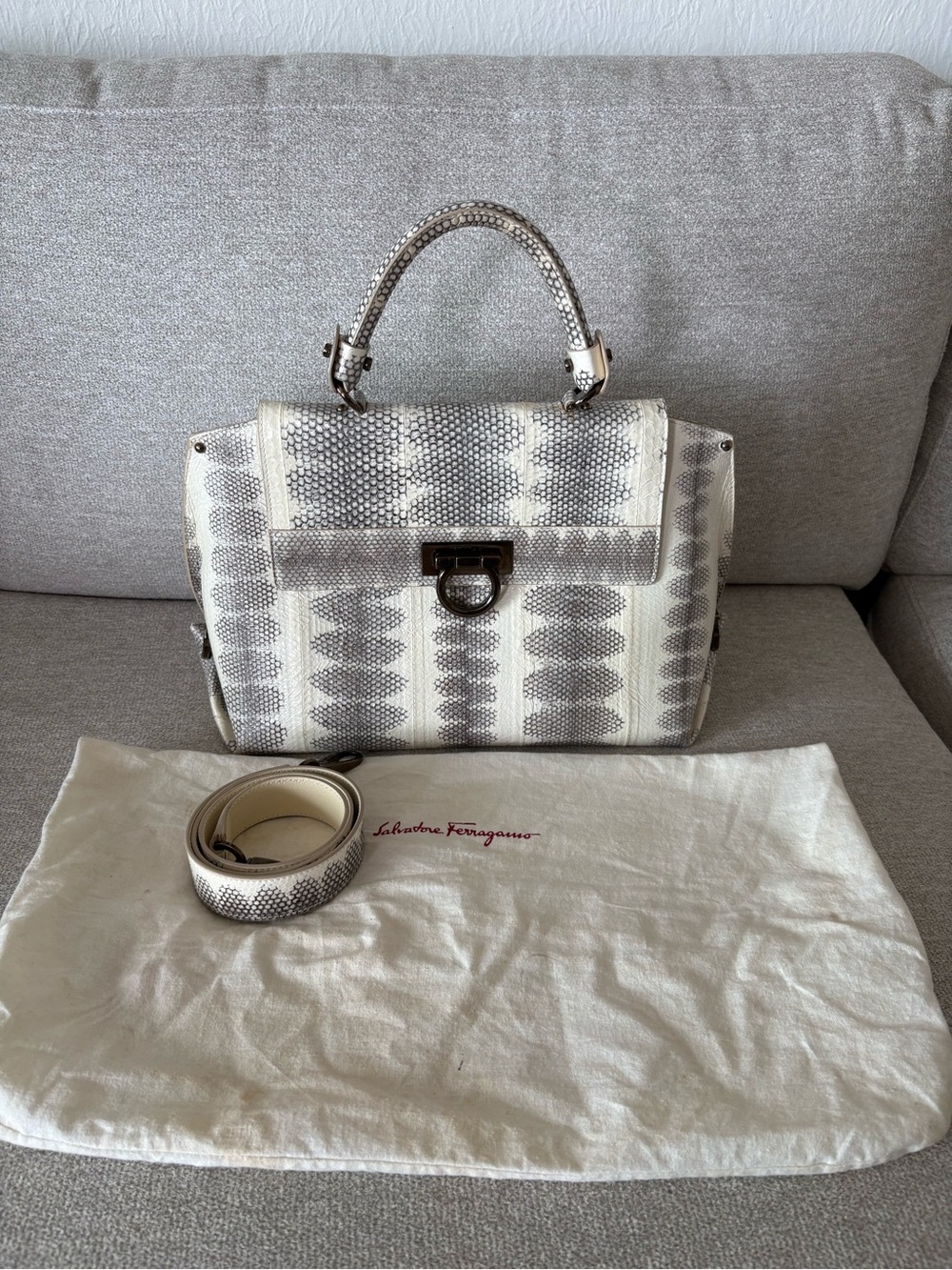 Salvatore Ferragamo Cream and Gray Python-Print Satchel with Strap